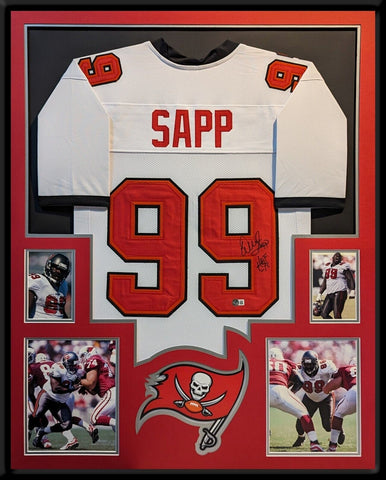 FRAMED TAMPA BAY BUCCANEERS WARREN SAPP AUTOGRAPHED SIGNED JERSEY BECKETT HOLO