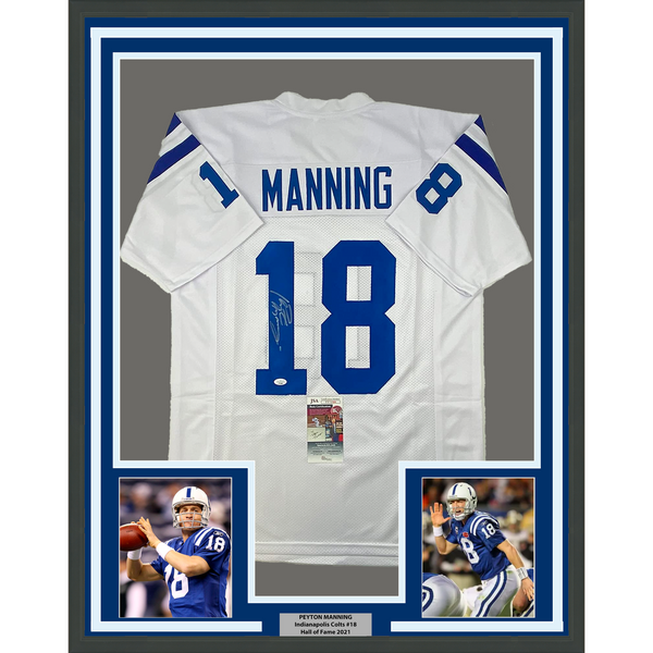 Framed Autographed/Signed Peyton Manning 33x42 Indianapolis White Jersey JSA COA