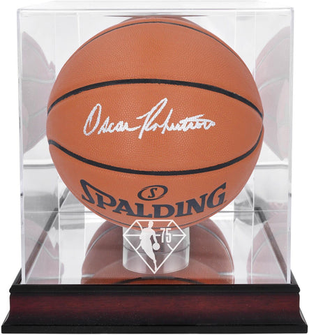 Oscar Robertson Bucks Signed Spalding Basketball w/75th Anniversary Display Case