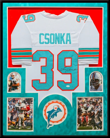 SUEDE FRAMED MIAMI DOLPHINS LARRY CSONKA AUTOGRAPHED SIGNED JERSEY JSA COA