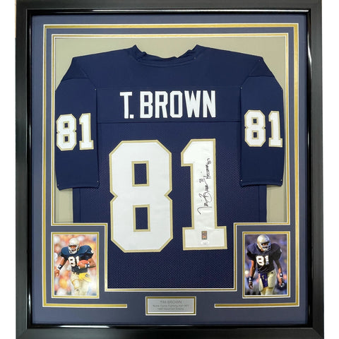 Framed Autographed/Signed Tim Brown 33x42 Heisman 87 Notre Dame Jersey BAS COA
