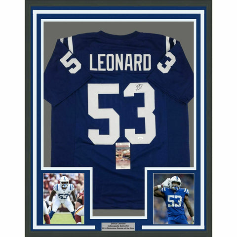 FRAMED Autographed/Signed DARIUS LEONARD 33x42 Indianapolis Blue Jersey JSA COA