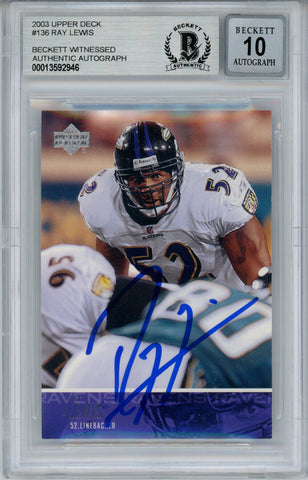 Ray Lewis Autographed 2003 Upper Deck #136 Trading Card Beckett 10 Slab 35236