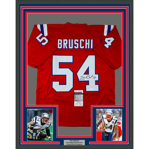 Framed Autographed/Signed Tedy Bruschi 33x42 New England Red Jersey JSA COA