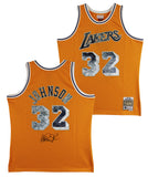 Lakers Magic Johnson Signed Yellow Diamond M&N 84-85 HWC Swingman Jersey BAS Wit