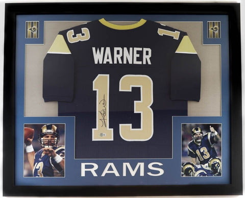Kurt Warner Signed St. Louis Rams 35x43 Framed Jersey (Beckett) Super Bowl XXXIV