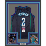 Framed Autographed/Signed Larry Johnson 33x42 Charlotte Black Jersey JSA COA