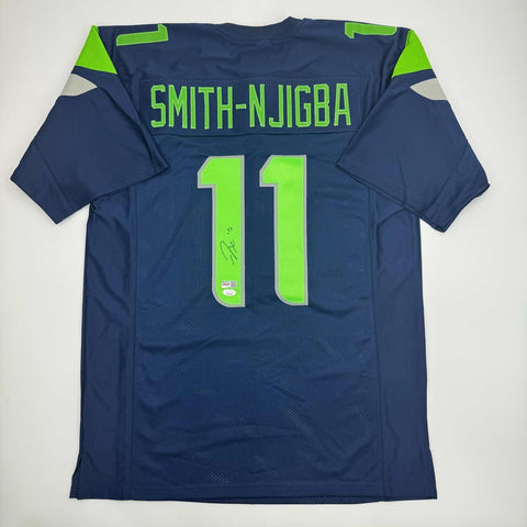 Autographed/Signed Jaxon Smith-Njigba Seattle Blue Football Jersey Beckett COA