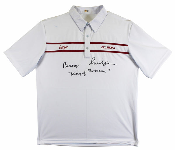 Oklahoma Barry Switzer "King of Norman" Signed White Polo Shirt BAS Witnessed