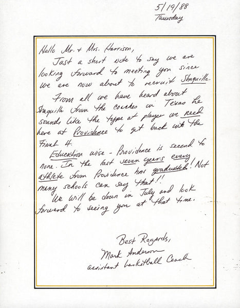 1988 Providence College Shaquille O'Neal Handwritten Recruitment Letter