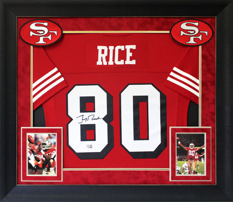 49ers Jerry Rice Signed Red Mitchell & Ness Framed Jersey w/ Dropshadow Fanatics