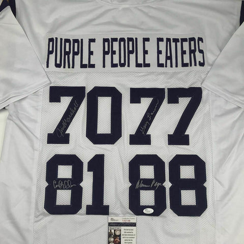 Autographed/Signed PURPLE PEOPLE EATERS Minnesota White Football Jersey JSA COA