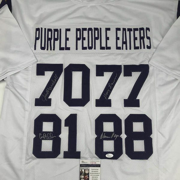 Autographed/Signed PURPLE PEOPLE EATERS Minnesota White Football Jersey JSA COA