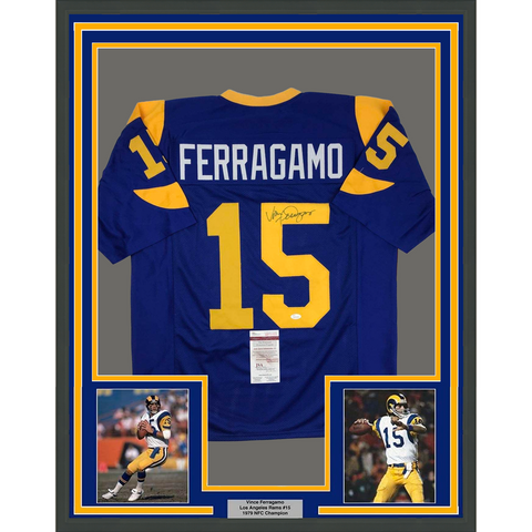 FRAMED Autographed/Signed VINCE FERRAGAMO 33x42 Los Angeles Blue Jersey JSA COA