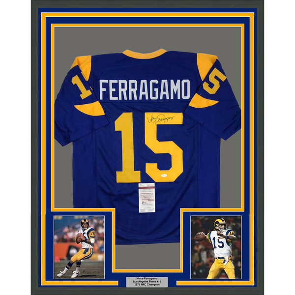 FRAMED Autographed/Signed VINCE FERRAGAMO 33x42 Los Angeles Blue Jersey JSA COA