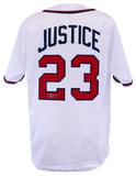 David Justice (BRAVES) Signed White Custom Baseball Jersey (SCHWARTZ SPORTS COA)