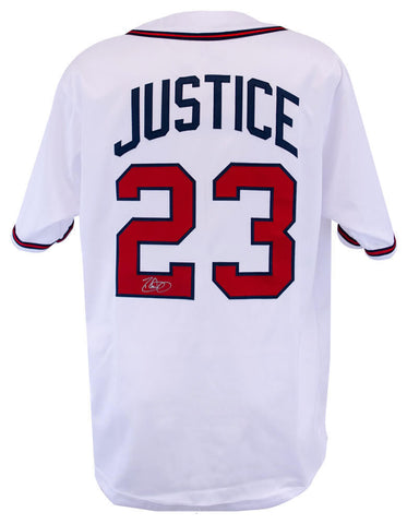 David Justice (BRAVES) Signed White Custom Baseball Jersey (SCHWARTZ SPORTS COA)