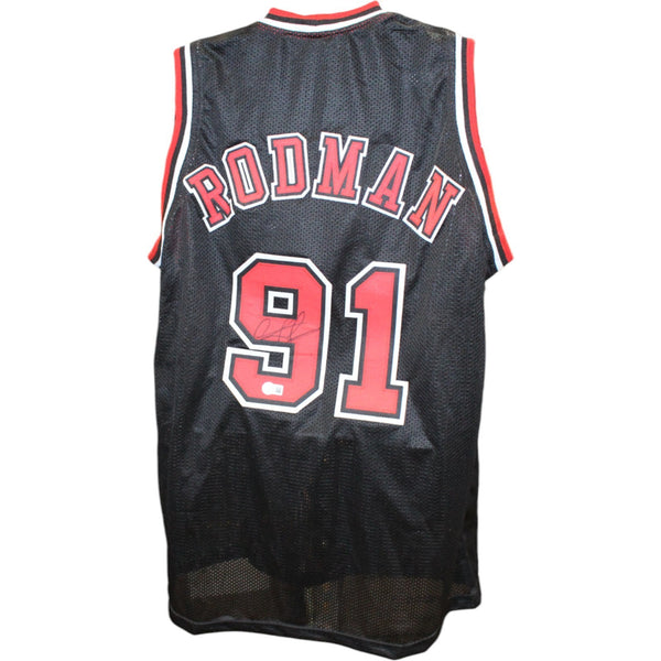 Dennis Rodman Autographed/Signed Pro Style Black XL Jersey Beckett Witness 49744