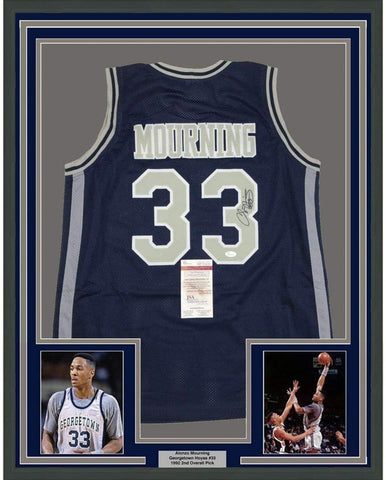 Framed Signed Alonzo Mourning 35x39 Georgetown Blue Jersey JSA COA