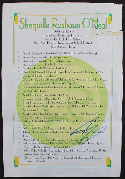 Shaquille O'Neal Signed 12x17.75 High School Awards Poster BAS Witness #WP79154
