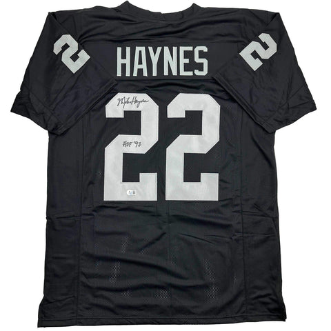 Autographed/Signed Michael Haynes HOF 97 Oakland Black Jersey Beckett BAS COA