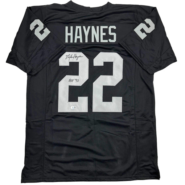 Autographed/Signed Michael Haynes HOF 97 Oakland Black Jersey Beckett BAS COA