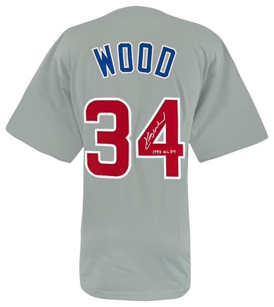Kerry Wood Signed Grey Custom Baseball Jersey w/1998 NL ROY - (SCHWARTZ COA)
