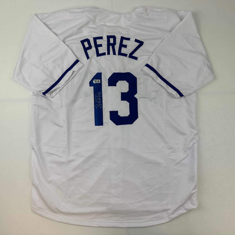 Autographed/Signed Salvador Perez Kansas City White Jersey Beckett BAS COA