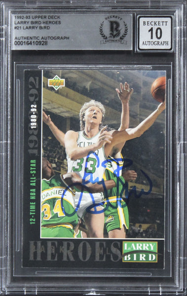 Celtics Larry Bird Signed 1992 Upper Deck Heroes #21 Card Auto 10! BAS Slabbed