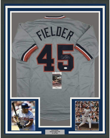 FRAMED Signed CECIL FIELDER 35x39 Detroit Grey Jersey JSA COA Auto