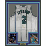 FRAMED Autographed/Signed LARRY JOHNSON 33x42 Charlotte White Jersey PSA/DNA COA
