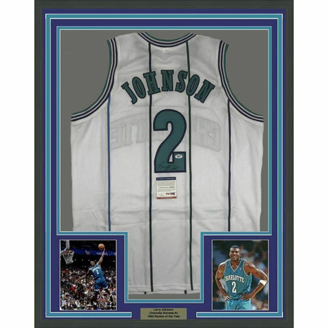 FRAMED Autographed/Signed LARRY JOHNSON 33x42 Charlotte White Jersey PSA/DNA COA