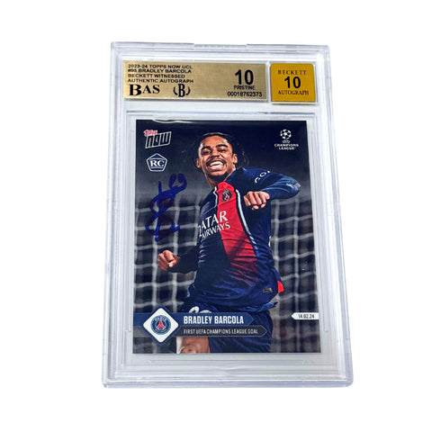 Bradley Barcola Signed 2023-24 Topps Now UCL #95 First Goal RC - BGS 10 AUTO 10