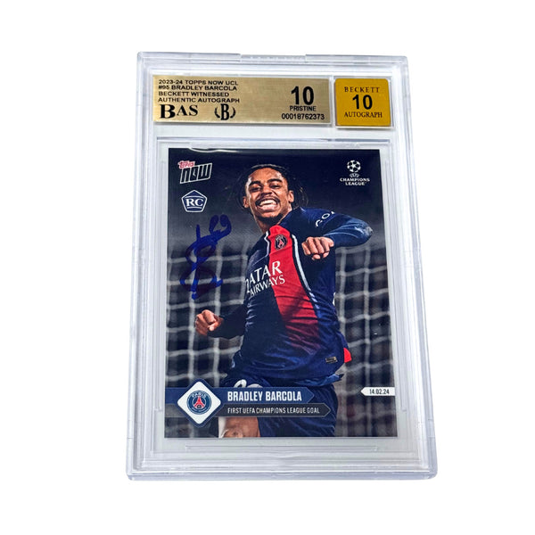 Bradley Barcola Signed 2023-24 Topps Now UCL #95 First Goal RC - BGS 10 AUTO 10