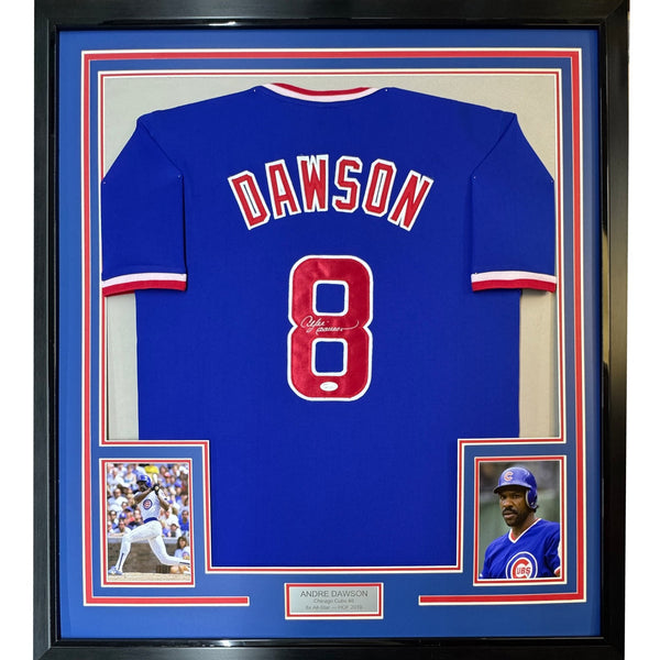 Framed Autographed/Signed Andre Dawson 35x39 Chicago Blue Jersey JSA COA