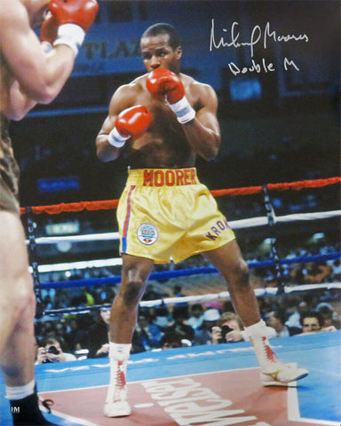 Michael Moorer Signed Boxing Gold Trunks Action 16x20 Photo w/Double M -(SS COA)