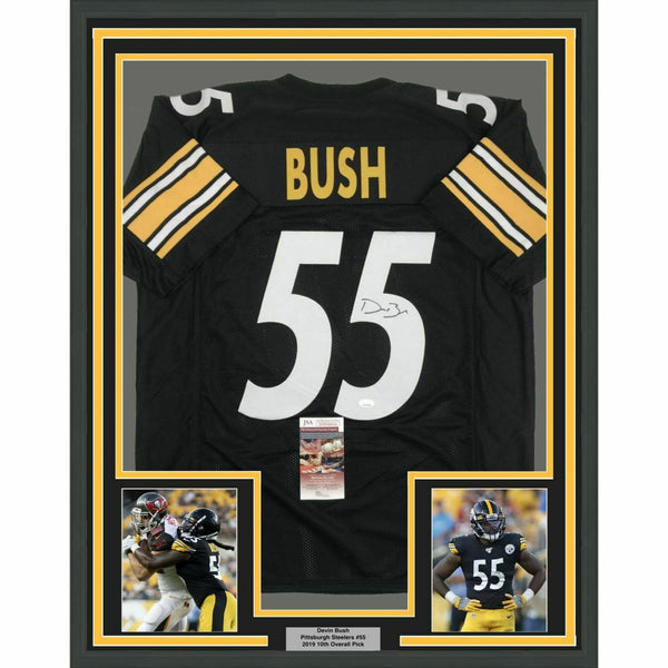 FRAMED Autographed/Signed DEVIN BUSH 33x42 Pittsburgh Black Jersey JSA COA Auto
