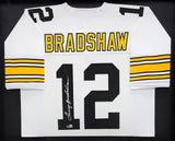 STEELERS TERRY BRADSHAW AUTOGRAPHED SIGNED FRAMED WHITE JERSEY BECKETT QR 209455