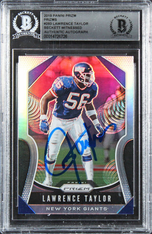 Giants Lawrence Taylor Signed 2019 Panini Prizm Silver #293 Card BAS Slabbed