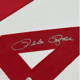 Framed Autographed/Signed Pete Rose 35x39 Cincinnati White Jersey JSA COA