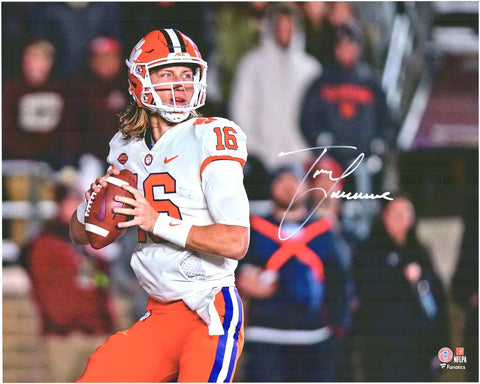 Trevor Lawrence Tigers Signed 16x20 White Jersey Dropping Back Photograph