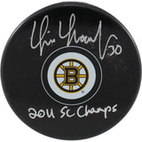 Tim Thomas Autographed Boston Bruins Logo Puck 2011 SC Champs Beckett 53952