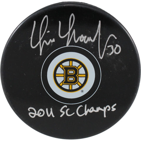 Tim Thomas Autographed Boston Bruins Logo Puck 2011 SC Champs Beckett 53952