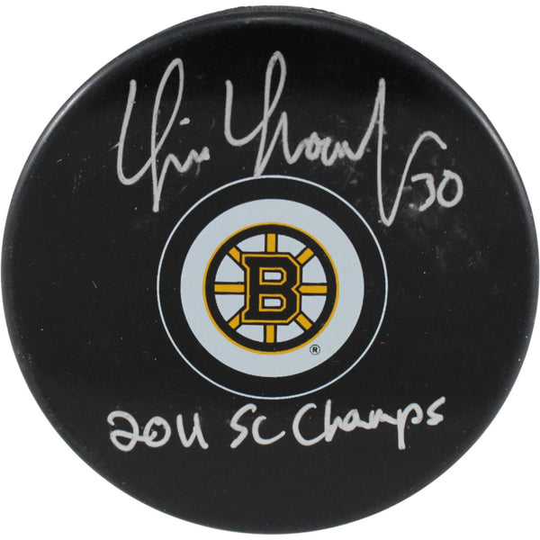Tim Thomas Autographed Boston Bruins Logo Puck 2011 SC Champs Beckett 53952