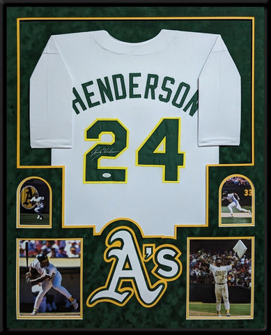 FRAMED IN SUEDE OAKLAND A'S RICKEY HENDERSON AUTOGRAPHED SIGNED JERSEY JSA COA