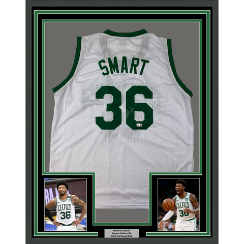 Framed Autographed/Signed Marcus Smart 33x42 Boston White Jersey Beckett COA