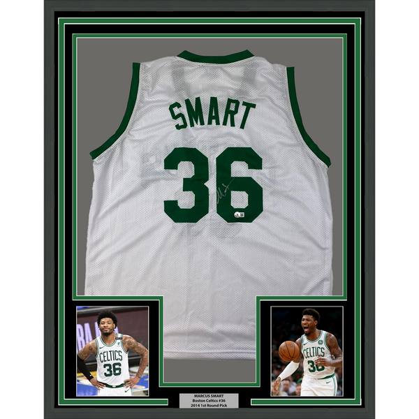 Framed Autographed/Signed Marcus Smart 33x42 Boston White Jersey Beckett COA