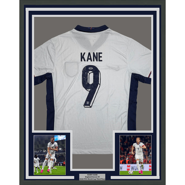 Framed Autographed/Signed Harry Kane 35x39 England White Jersey PSA/DNA COA