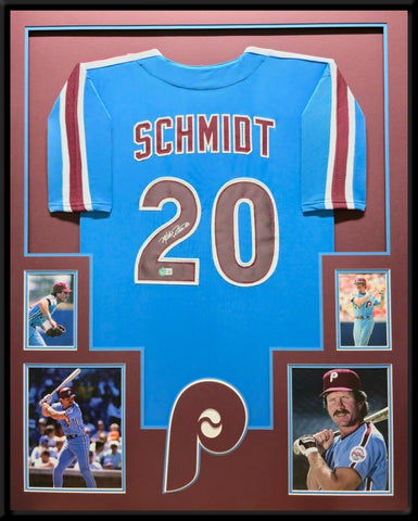 FRAMED PHILADELPHIA PHILLIES MIKE SCHMIDT AUTOGRAPHED SIGNED JERSEY BECKETT HOLO