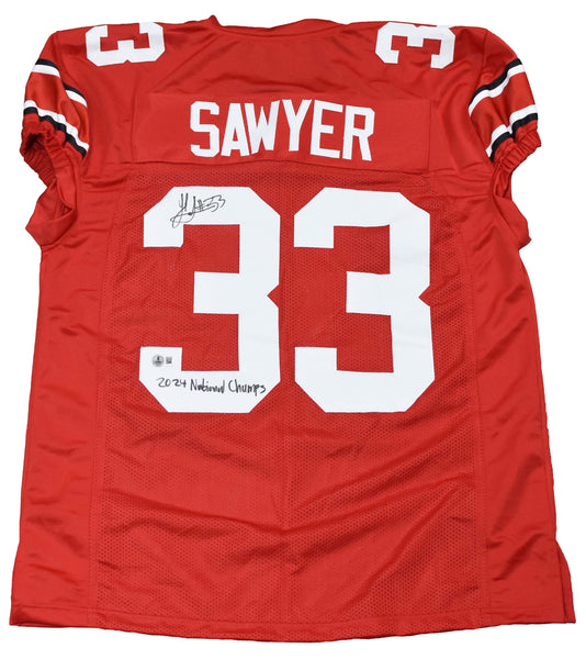 JACK SAWYER SIGNED OHIO STATE BUCKEYES #33 RED JERSEY W/ 2024 NATIONAL CHAMPS